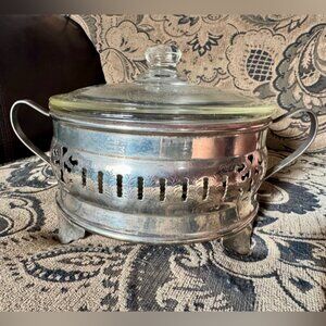 Antique Silver and White Serveware Chafing Dish with Glass Lid